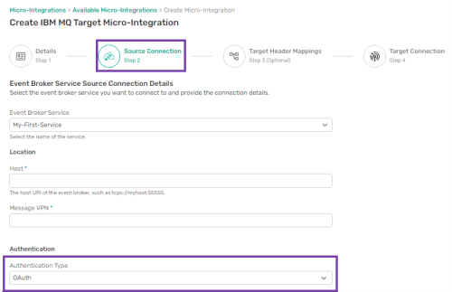 Screenshot showing the authentication type dropdown in the Target Connection step